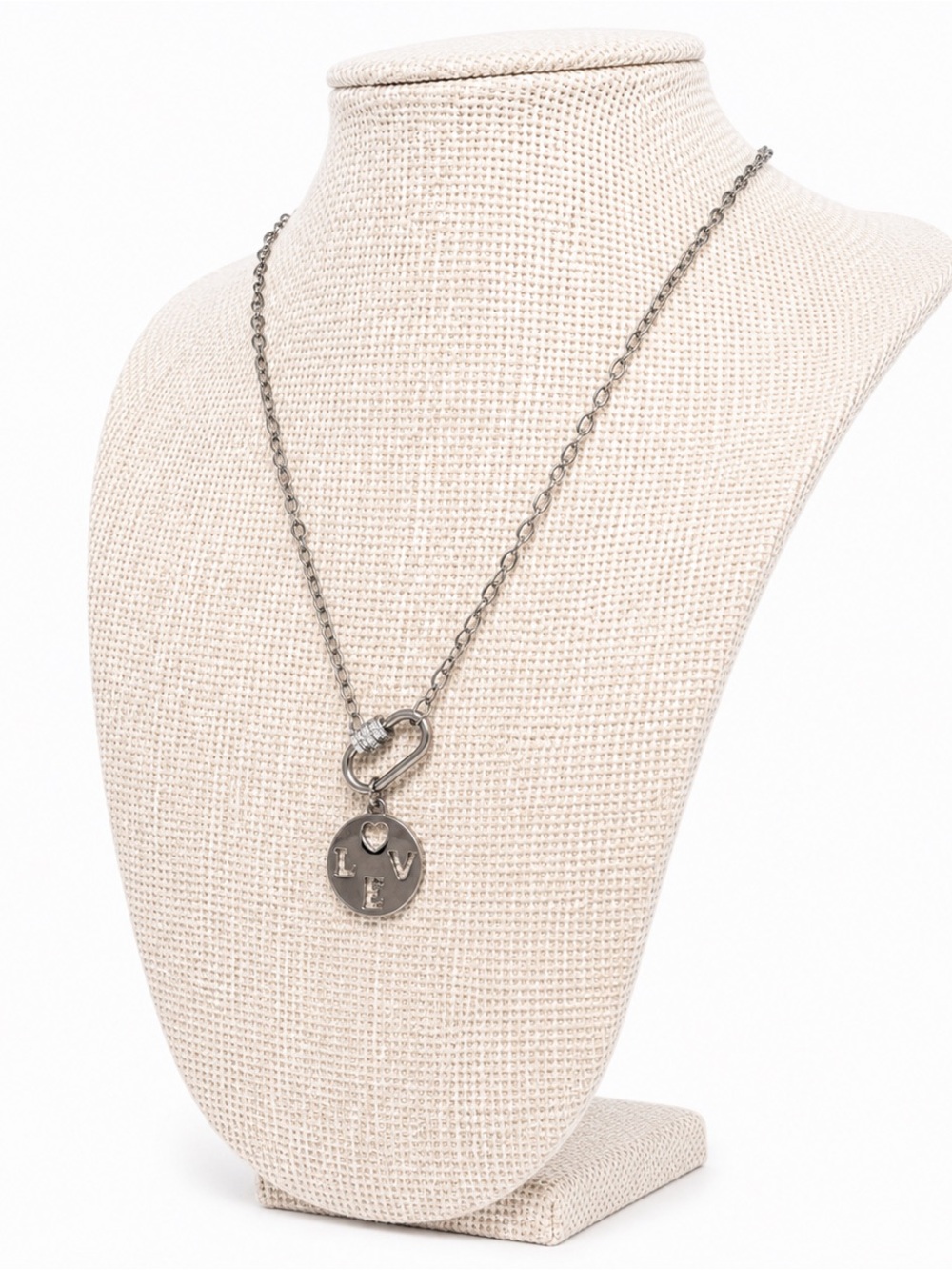 Silver Tone LOVE Heart Carabiner Pendant Necklace Minimalist Layering Gift 18” - Picture 3 of 5